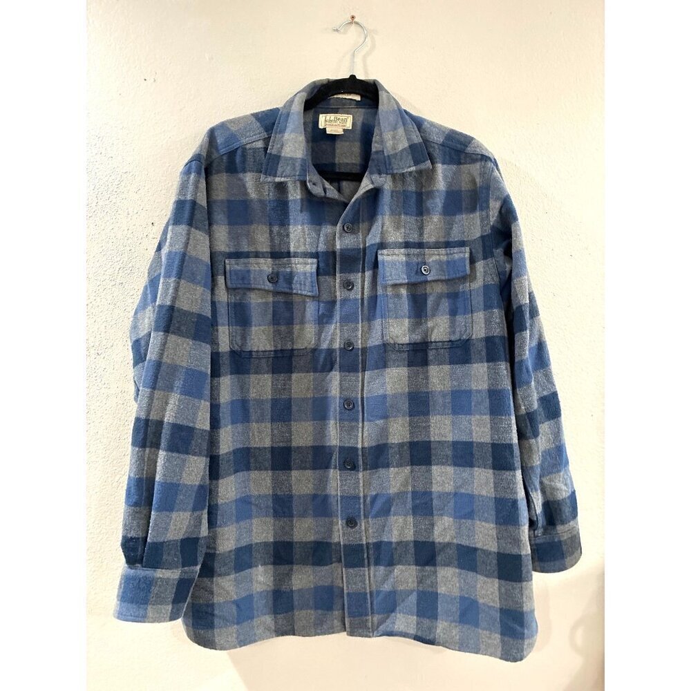 LL Bean Shirt Men’s Large Blue Gray Buffalo Plaid Chamois Cloth Traditional Fit